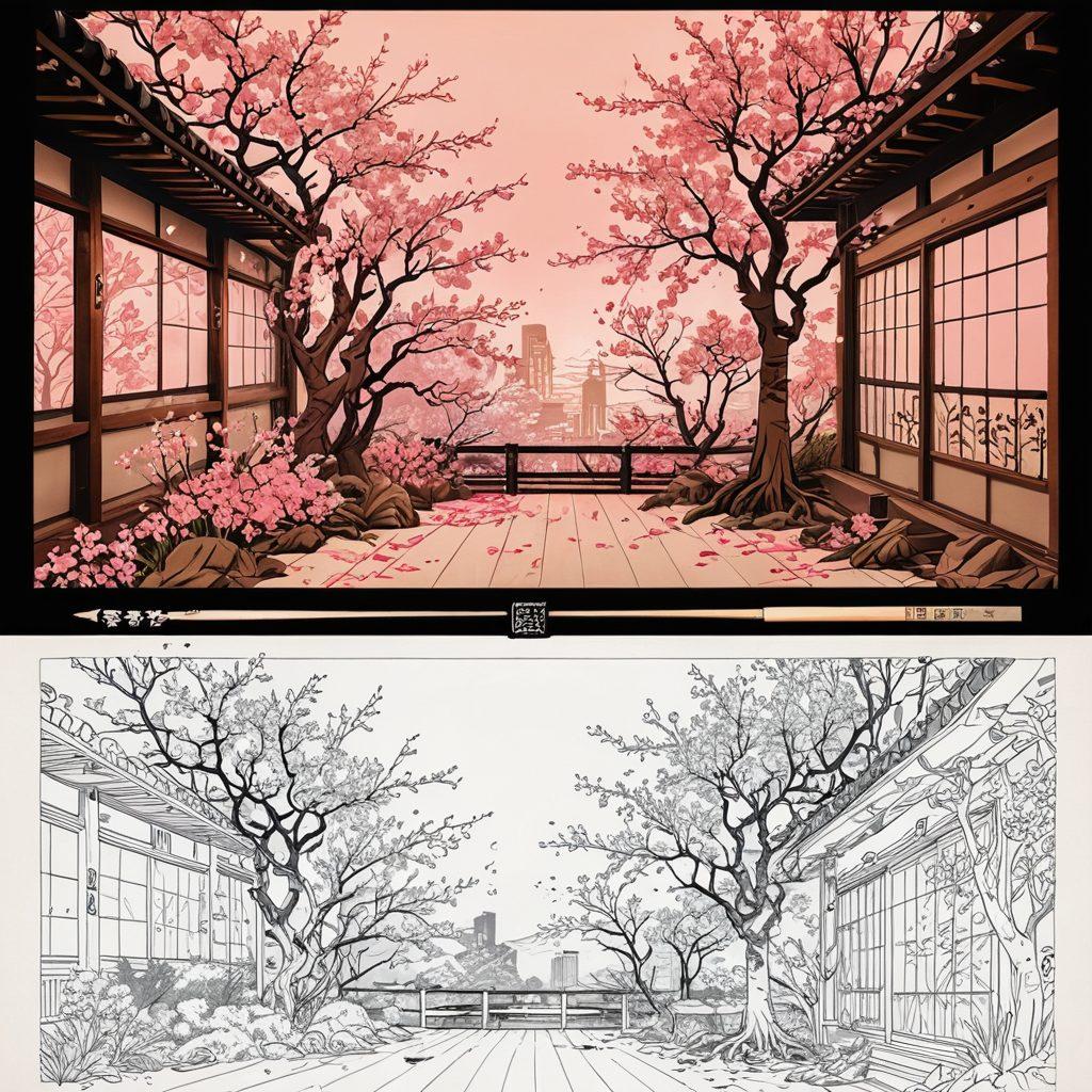 A split-screen illustration depicting the evolution of Japanese adult content from traditional hand-drawn sketches to modern digital screens. On the left, a detailed, intricate sketching process with traditional tools like pencils and paper surrounded by cultural symbols. On the right, a sleek, digital display showcasing vibrant animated scenes with neon lights, reflecting modern technology. The background merges traditional Japanese aesthetics with a contemporary urban vibe. vibrant colors. 3D. digital art.